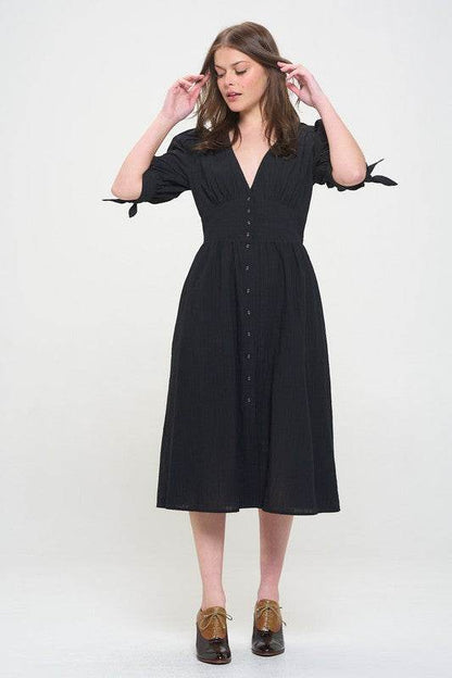 PLUS 3/4 PUFF SLV TEXTURED BUTTON DOWN MIDI DRESS - Shop Style & More | Fresh Looks, Everyday Deals & Free Shipping