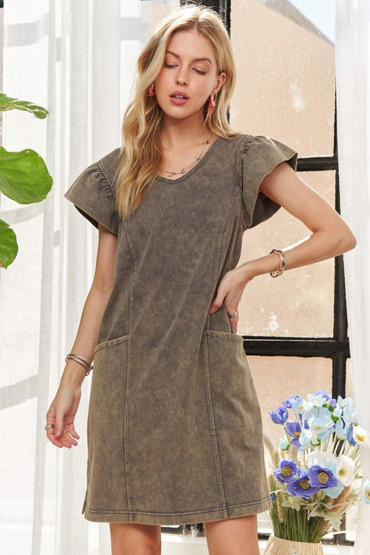 ADORA Mineral Washed V-Neck Ruffled Cap Sleeve Dress Casual Dresses