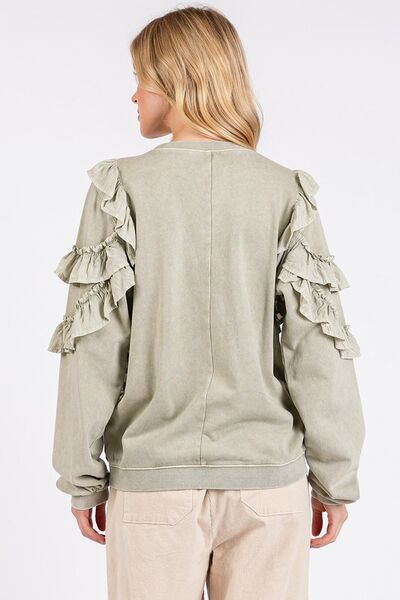 Mittoshop Ruffled Mineral Washed Round Neck Long Sleeve Sweatshirt Hoodies & Sweaters