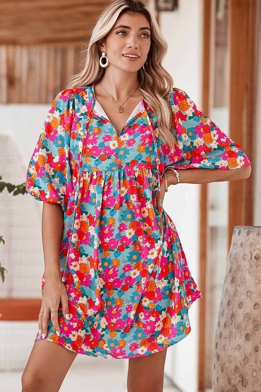 Boho Floral V Neck Lantern Sleeve Babydoll Dress - Shop Style & More | Fresh Looks, Everyday Deals & Free Shipping