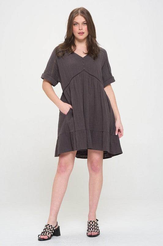 PLUS SIZE SHORT SLV BUTTON DOWN V-NECK SHORT DRESS - Shop Style & More | Fresh Looks, Everyday Deals & Free Shipping