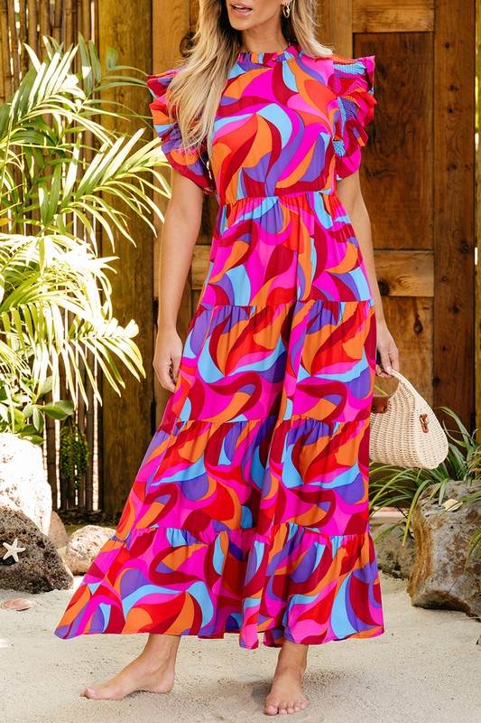Abstract High Waist Ruffle Tiered Long Dress - Shop Style & More | Fresh Looks, Everyday Deals & Free Shipping