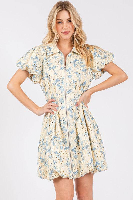 GeeGee Floral Eyelet Zipper Front Puff Sleeve Mini Dress - Shop Style & More | Fresh Looks, Everyday Deals & Free Shipping