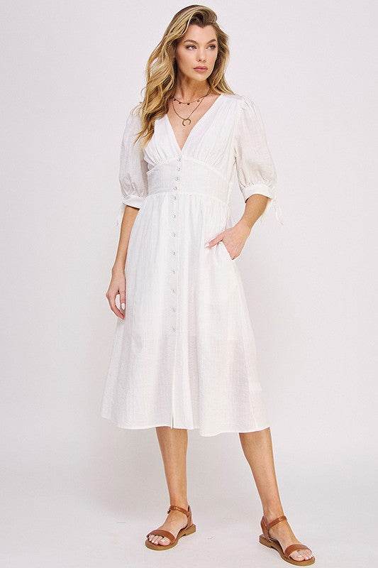 3/4 PUFF SLV TEXTURE VNECK BUTTON DOWN MIDI DRESS - Shop Style & More | Fresh Looks, Everyday Deals & Free Shipping