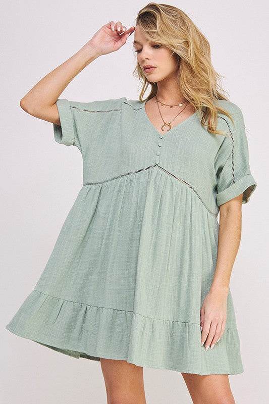 TEXTURED SHORT SLV BUTTON DOWN V-NECK SHORT DRESS - Shop Style & More | Fresh Looks, Everyday Deals & Free Shipping