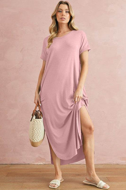 V Neck Hidden Pocket Splits Maxi T-shirt Dress - Shop Style & More | Fresh Looks, Everyday Deals & Free Shipping
