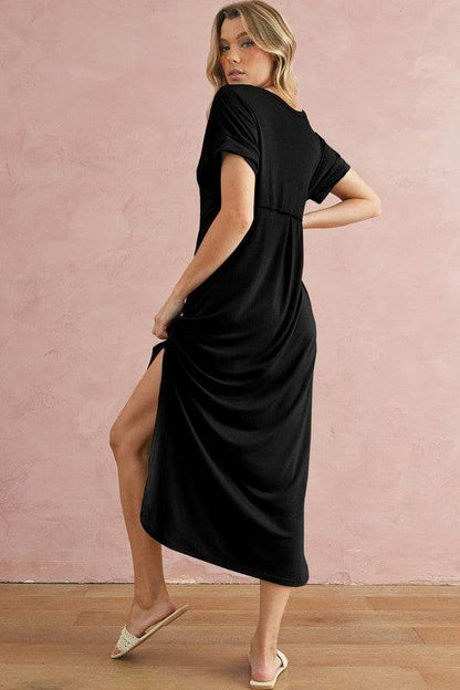 V Neck Hidden Pocket Splits Maxi T-shirt Dress - Shop Style & More | Fresh Looks, Everyday Deals & Free Shipping
