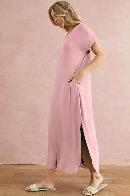 V Neck Hidden Pocket Splits Maxi T-shirt Dress - Shop Style & More | Fresh Looks, Everyday Deals & Free Shipping