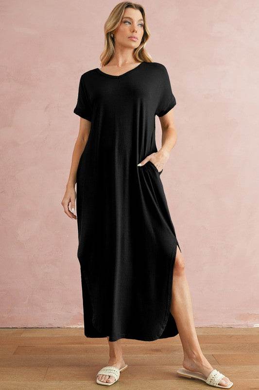 V Neck Hidden Pocket Splits Maxi T-shirt Dress - Shop Style & More | Fresh Looks, Everyday Deals & Free Shipping