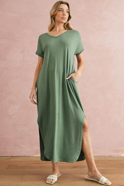 V Neck Hidden Pocket Splits Maxi T-shirt Dress - Shop Style & More | Fresh Looks, Everyday Deals & Free Shipping