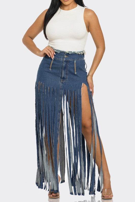 Bohemian Rhapsody Fringe Denim Skirt - Shop Style & More | Fresh Looks, Everyday Deals & Free Shipping