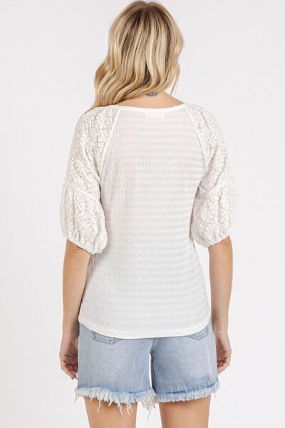 Mittoshop Mixed Media Textured Knit Popcorn Puff Sleeve Blouse Blouses