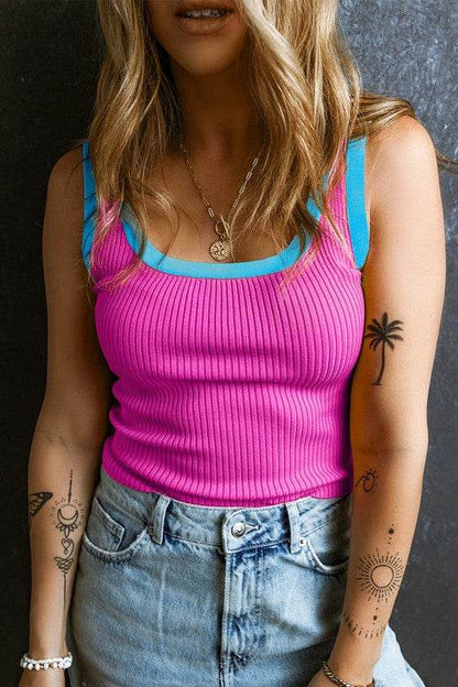 Colorblock Edge Ribbed Knit U Neck Tank Top - Shop Style & More | Fresh Looks, Everyday Deals & Free Shipping