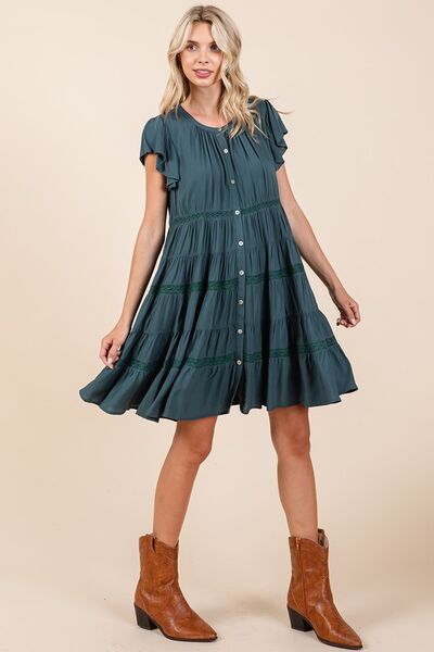 Mittoshop Lace Detail Ruffled Button Down Tiered Dress Casual Dresses