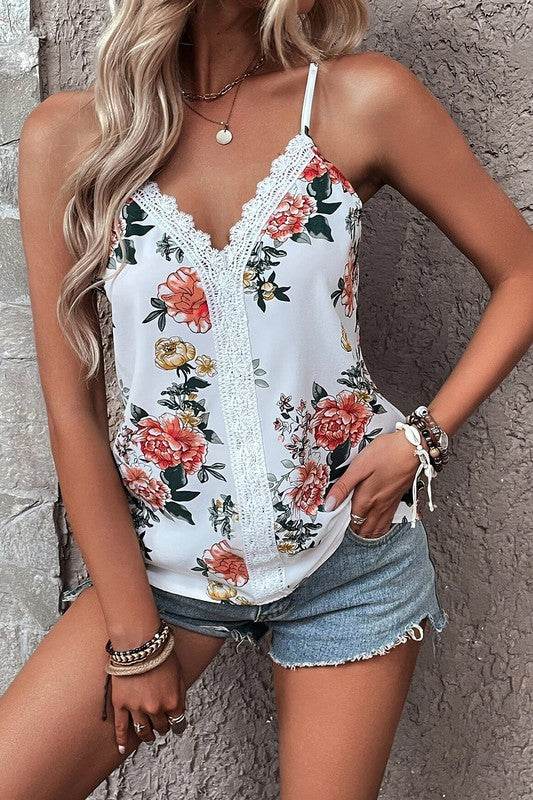Floral Print Lace V Neck Tank Top - Shop Style & More | Fresh Looks, Everyday Deals & Free Shipping