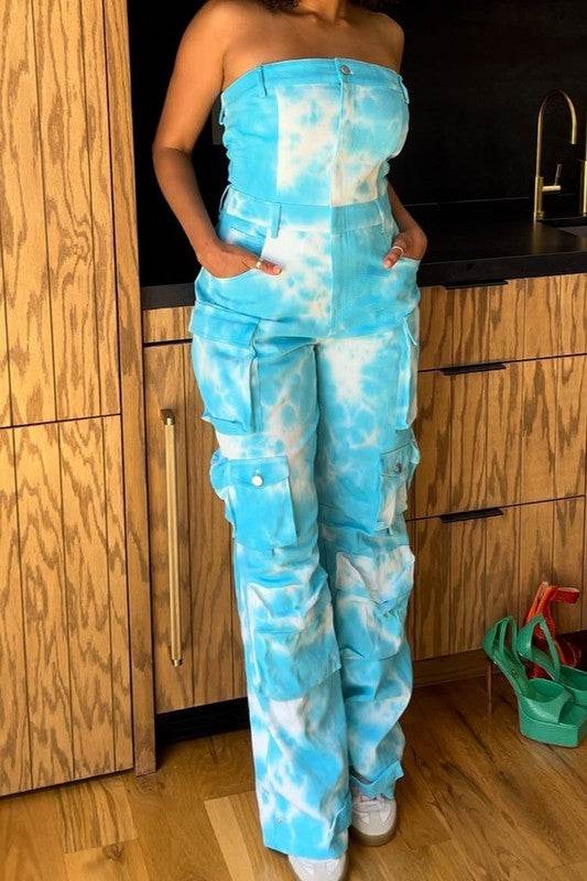 Blue Tie Dye Strapless Utility Jumpsuit. - Shop Style & More | Fresh Looks, Everyday Deals & Free Shipping