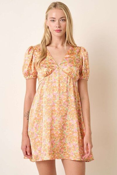 Mittoshop Printed V-Neck Puff Sleeve Mini Dress Sherbet Casual Dresses