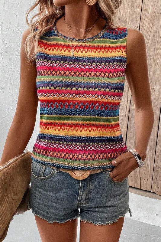 Ethnic Wavy Pattern Round Neck Sleeveless Top - Shop Style & More | Fresh Looks, Everyday Deals & Free Shipping