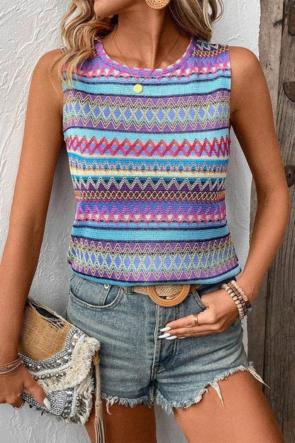 Ethnic Wavy Pattern Round Neck Sleeveless Top - Shop Style & More | Fresh Looks, Everyday Deals & Free Shipping