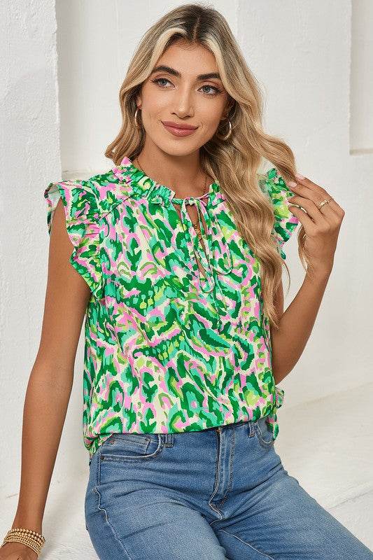 Abstract Ruffled Trim Tied Split Neck Tank Top - Shop Style & More | Fresh Looks, Everyday Deals & Free Shipping