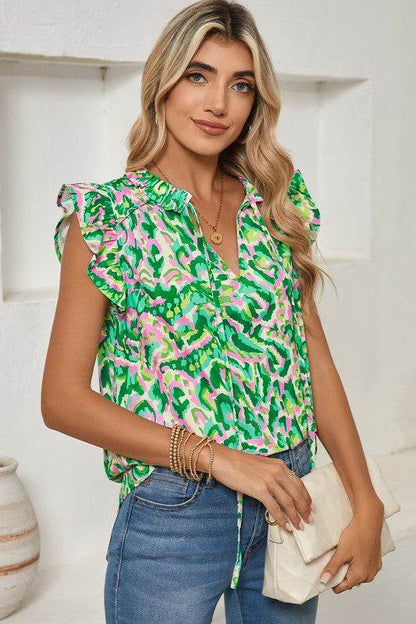 Abstract Ruffled Trim Tied Split Neck Tank Top - Shop Style & More | Fresh Looks, Everyday Deals & Free Shipping