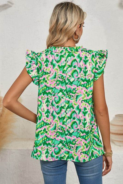Abstract Ruffled Trim Tied Split Neck Tank Top - Shop Style & More | Fresh Looks, Everyday Deals & Free Shipping