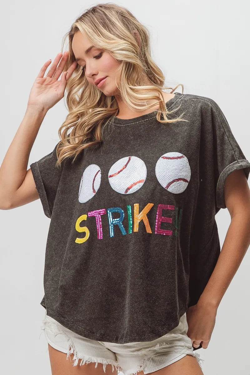 BiBi Sequin Baseballs Strike Washed Short Sleeve Top - Shop Style & More | Fresh Looks, Everyday Deals & Free Shipping