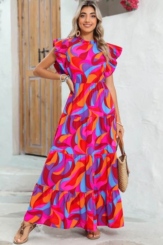Abstract Print High Waist Ruffle Tiered Maxi Dress - Shop Style & More | Fresh Looks, Everyday Deals & Free Shipping