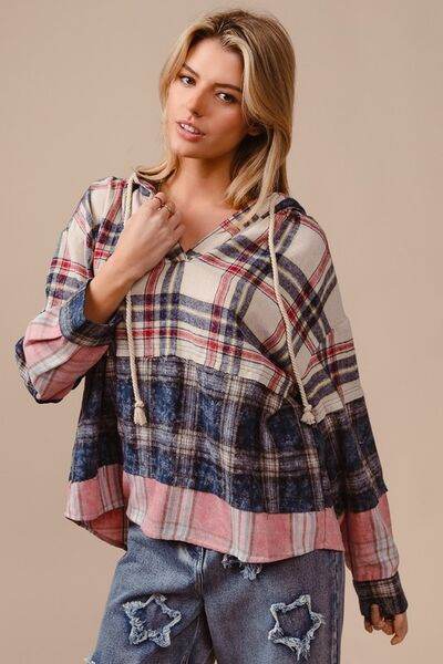 BiBi Drawstring Plaid Drop Shoulder Hoodie - Shop Style & More | Fresh Looks, Everyday Deals & Free Shipping