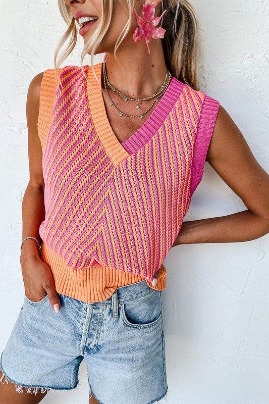 Women Contrast Chevron Knit V Neck Sweater Vest - Shop Style & More | Fresh Looks, Everyday Deals & Free Shipping