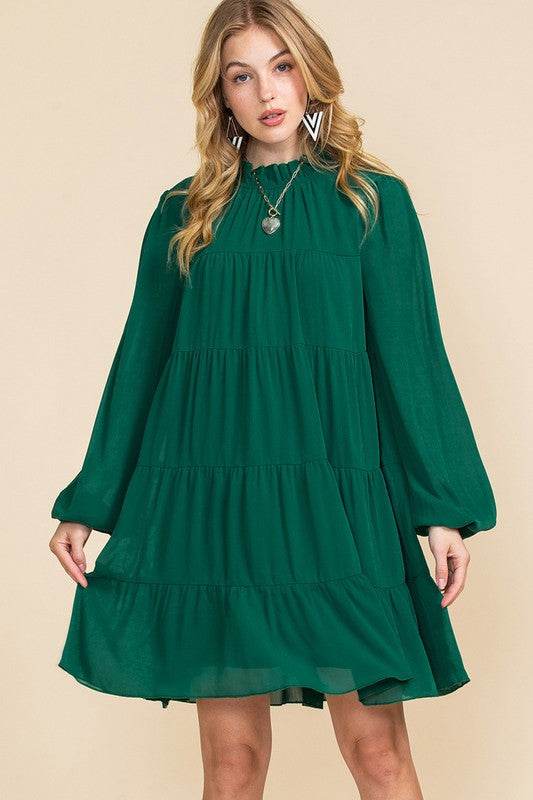Women Puff Sleeve Mock Neck Back Knot Tiered Dress - Shop Style & More | Fresh Looks, Everyday Deals & Free Shipping