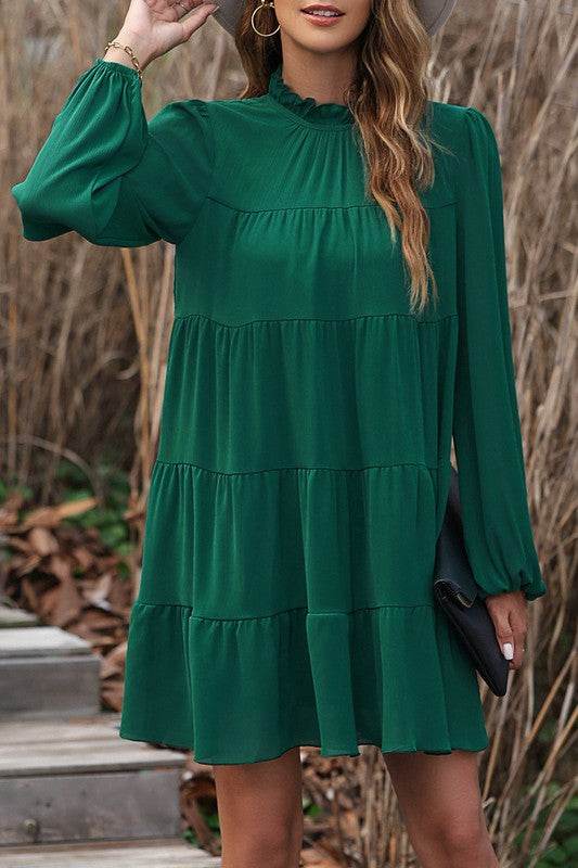 Women Puff Sleeve Mock Neck Back Knot Tiered Dress - Shop Style & More | Fresh Looks, Everyday Deals & Free Shipping