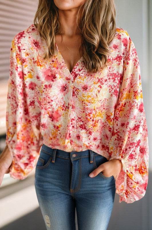 Floral Print V-Neck Lantern Sleeve Blouse - Shop Style & More | Fresh Looks, Everyday Deals & Free Shipping