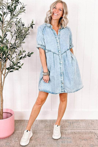 Women Ruffled Short Sleeve Buttoned Denim Dress - Shop Style & More | Fresh Looks, Everyday Deals & Free Shipping