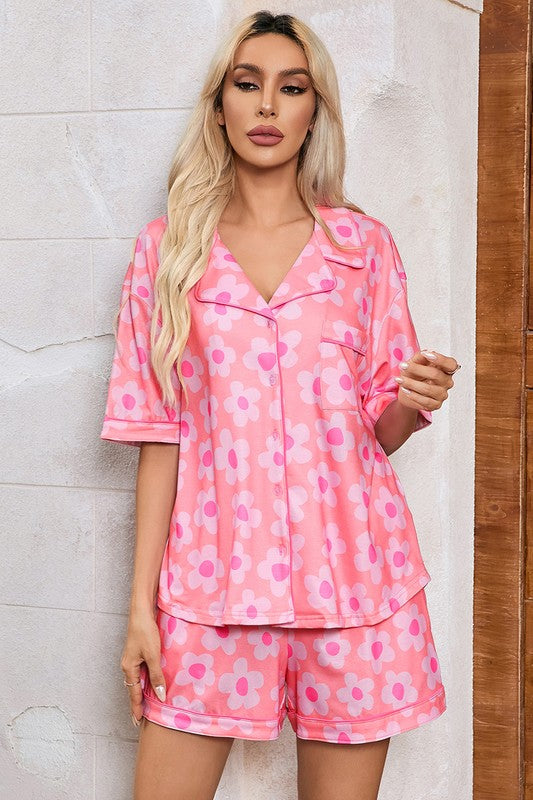 Women Flower Print Short Sleeve Shirt Pajamas Set Women's Sleepwear