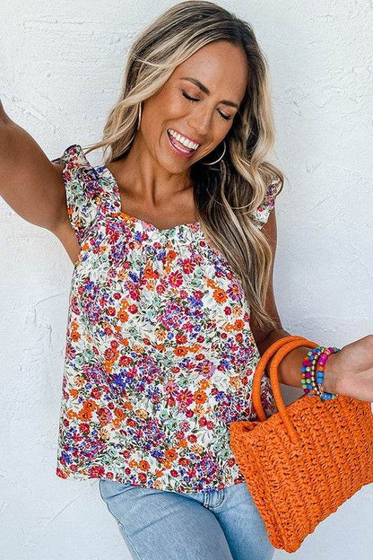 Women Rose Red Floral Square Neck Flutter Tank Top - Shop Style & More | Fresh Looks, Everyday Deals & Free Shipping