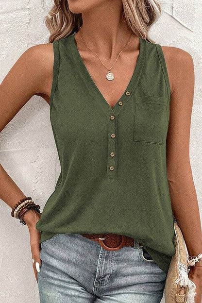 Women Half Button V Neck Patched Pocket Tank Top - Shop Style & More | Fresh Looks, Everyday Deals & Free Shipping