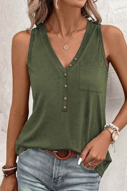 Women Half Button V Neck Patched Pocket Tank Top - Shop Style & More | Fresh Looks, Everyday Deals & Free Shipping