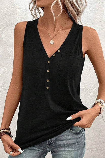 Women Half Button V Neck Patched Pocket Tank Top - Shop Style & More | Fresh Looks, Everyday Deals & Free Shipping
