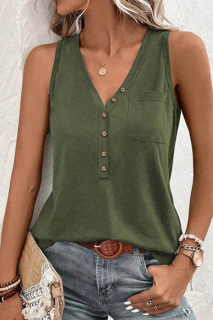 Women Half Button V Neck Patched Pocket Tank Top - Shop Style & More | Fresh Looks, Everyday Deals & Free Shipping