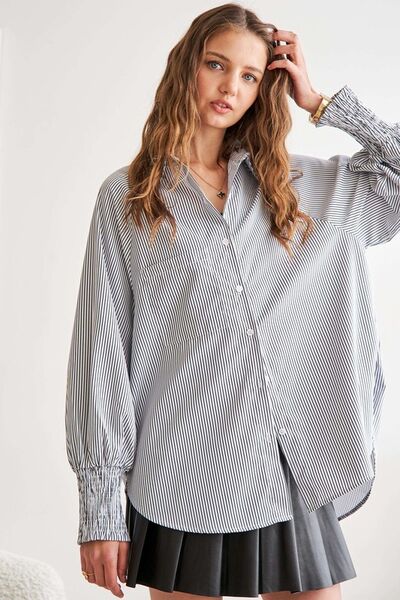 ADORA High-Low Striped Button Down Smocked Lantern Sleeve Shirt Blouses