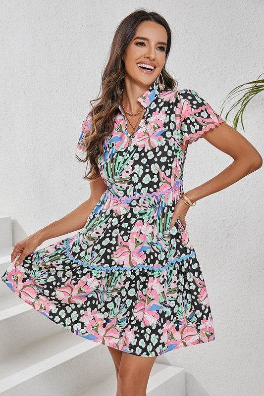 Women Floral Ricrac Embellished Tiered Mini Dress - Shop Style & More | Fresh Looks, Everyday Deals & Free Shipping