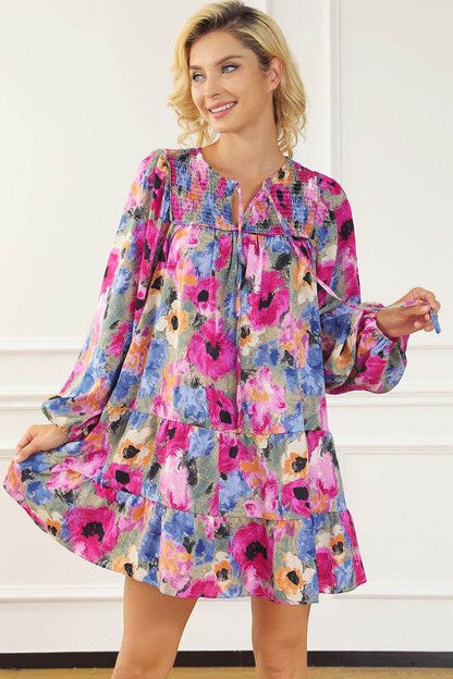 Women Floral Tie Neck Bubble Sleeve Shift Dress - Shop Style & More | Fresh Looks, Everyday Deals & Free Shipping