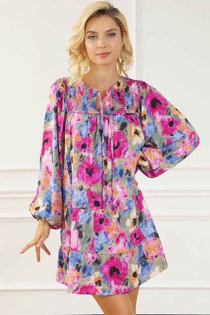 Women Floral Tie Neck Bubble Sleeve Shift Dress - Shop Style & More | Fresh Looks, Everyday Deals & Free Shipping