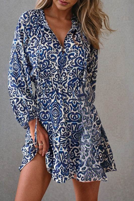 Geometric Ruffled Drawstring V Neck Mini Dress - Shop Style & More | Fresh Looks, Everyday Deals & Free Shipping