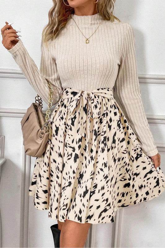 Ribbed Knit Patchwork Printed Belted A-line Dress - Shop Style & More | Fresh Looks, Everyday Deals & Free Shipping