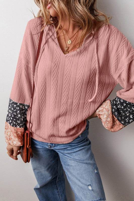 Patchwork Textured Knit Drawstring V Neck Blouse - Shop Style & More | Fresh Looks, Everyday Deals & Free Shipping