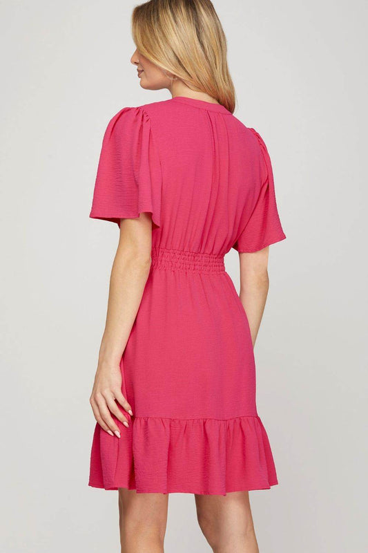 She + Sky Ruffled Hem Notched Flutter Sleeve Mini Dress - Shop Style & More | Fresh Looks, Everyday Deals & Free Shipping