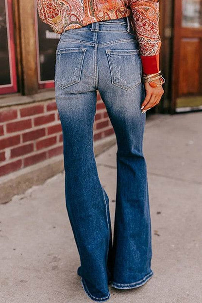 Sky Blue Button Fly Ripped High Waist Flare Jeans - Shop Style & More | Fresh Looks, Everyday Deals & Free Shipping