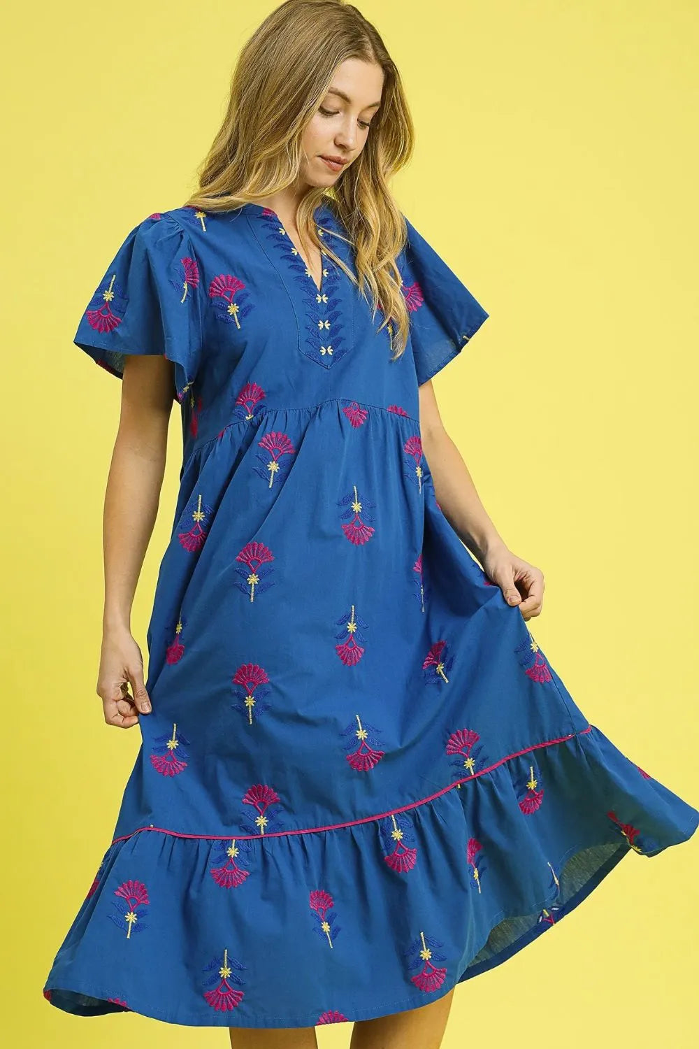Umgee Embroidered Tiered Midi Dress Dark Blue Dresses - Casual Dresses